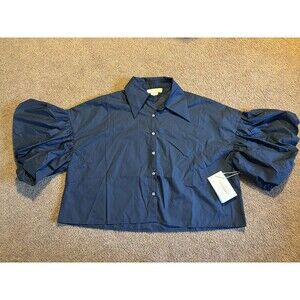 Cocobleu Women’s Puff Sleeve Navy Blue Top Medium Oversized Button Down Collared